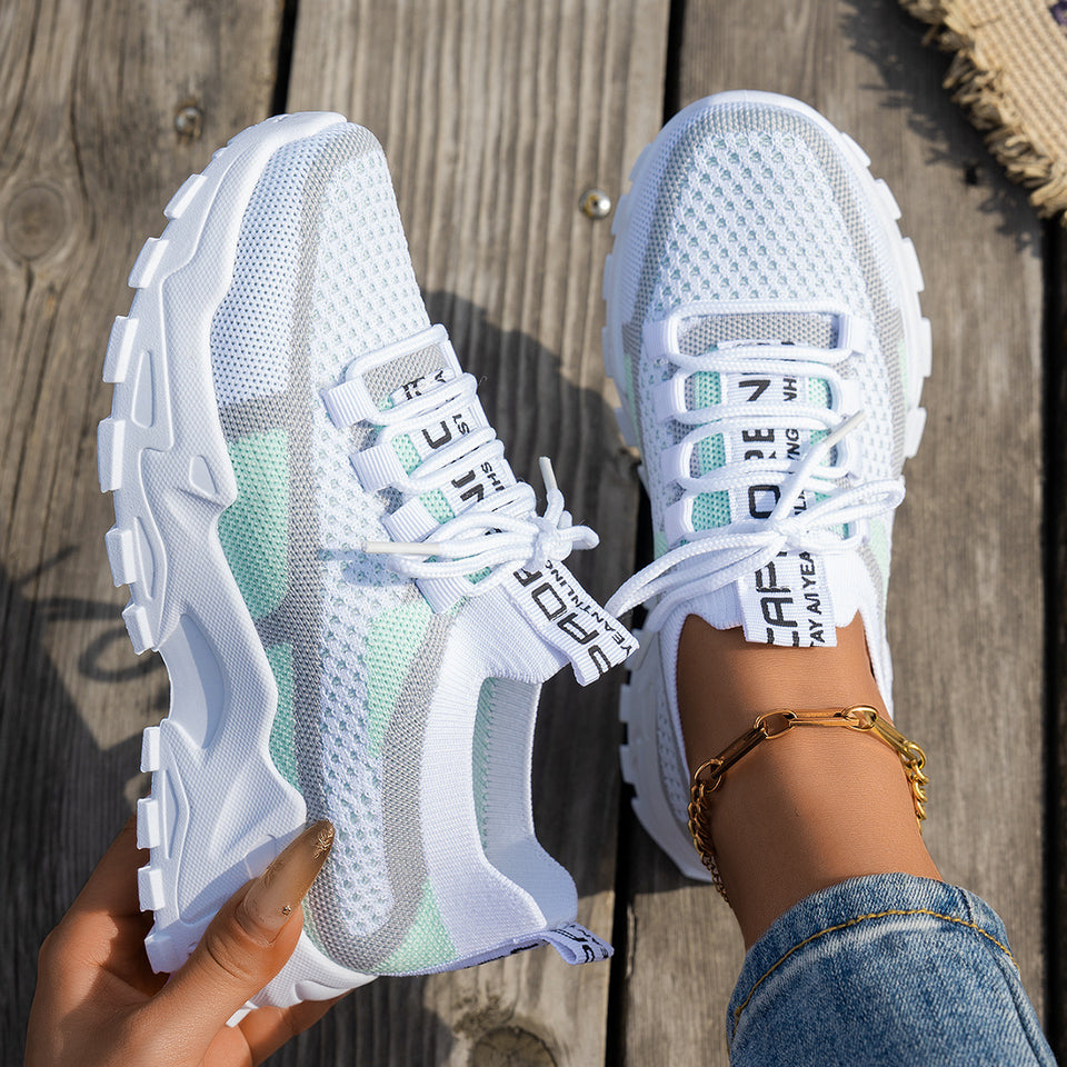 Flyknit Mesh Shoes Women's Breathable Lace-up Sneakers Walking Running Casual Shoes