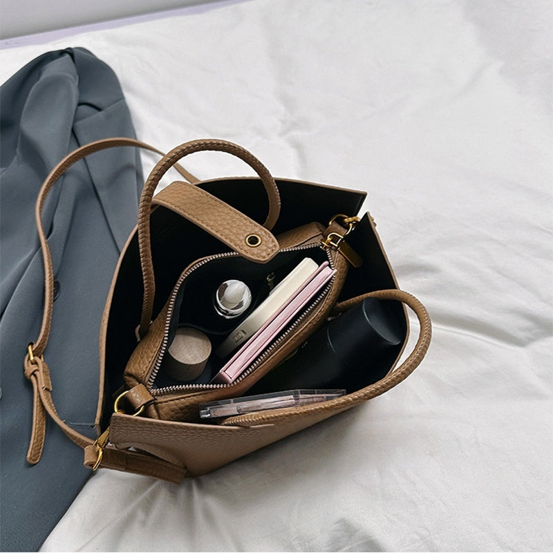INS Litchi Pattern Shoulder Bag Fashion Zipper Bucket Bag High Capacity Totes Handbag For Women