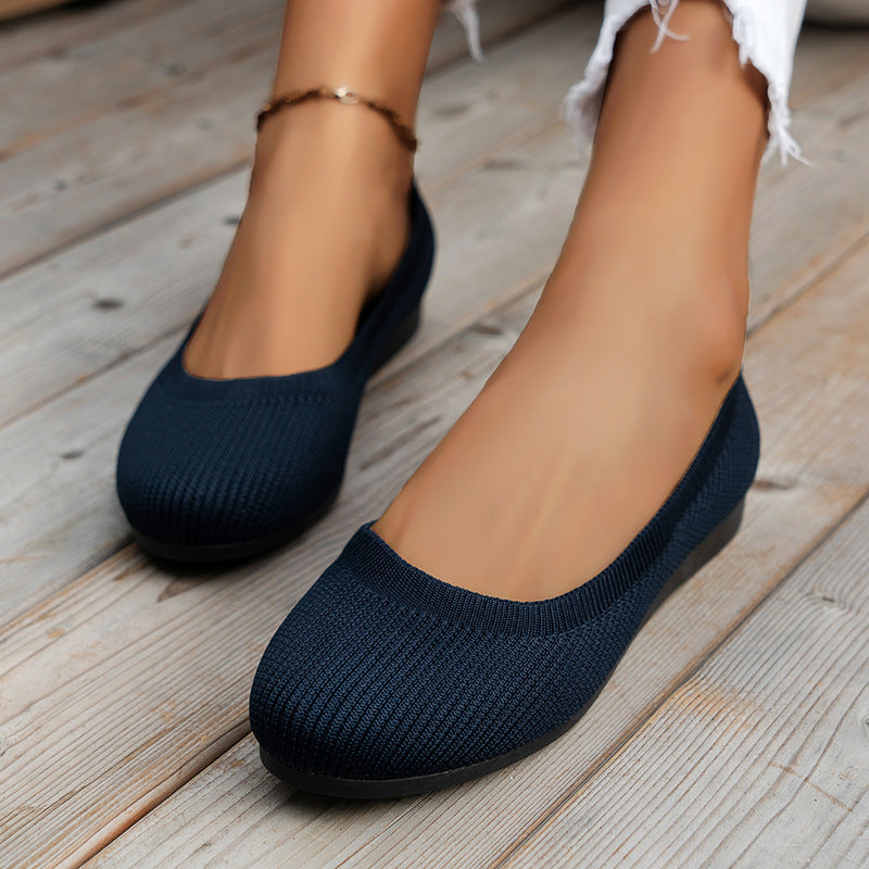 Round Toe Flats Shoes Casual Comfortable Soft Slip On Knit Mesh Shoes For Women